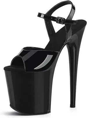 WOilERQ Womens Sexy Patent Leather Sandals Platform Open Toe Ankle Strap Heeled Sandals Evening Dress Shoes with 7.8inch Stiletto Heels for Stripper Club Party,Black,5.5
