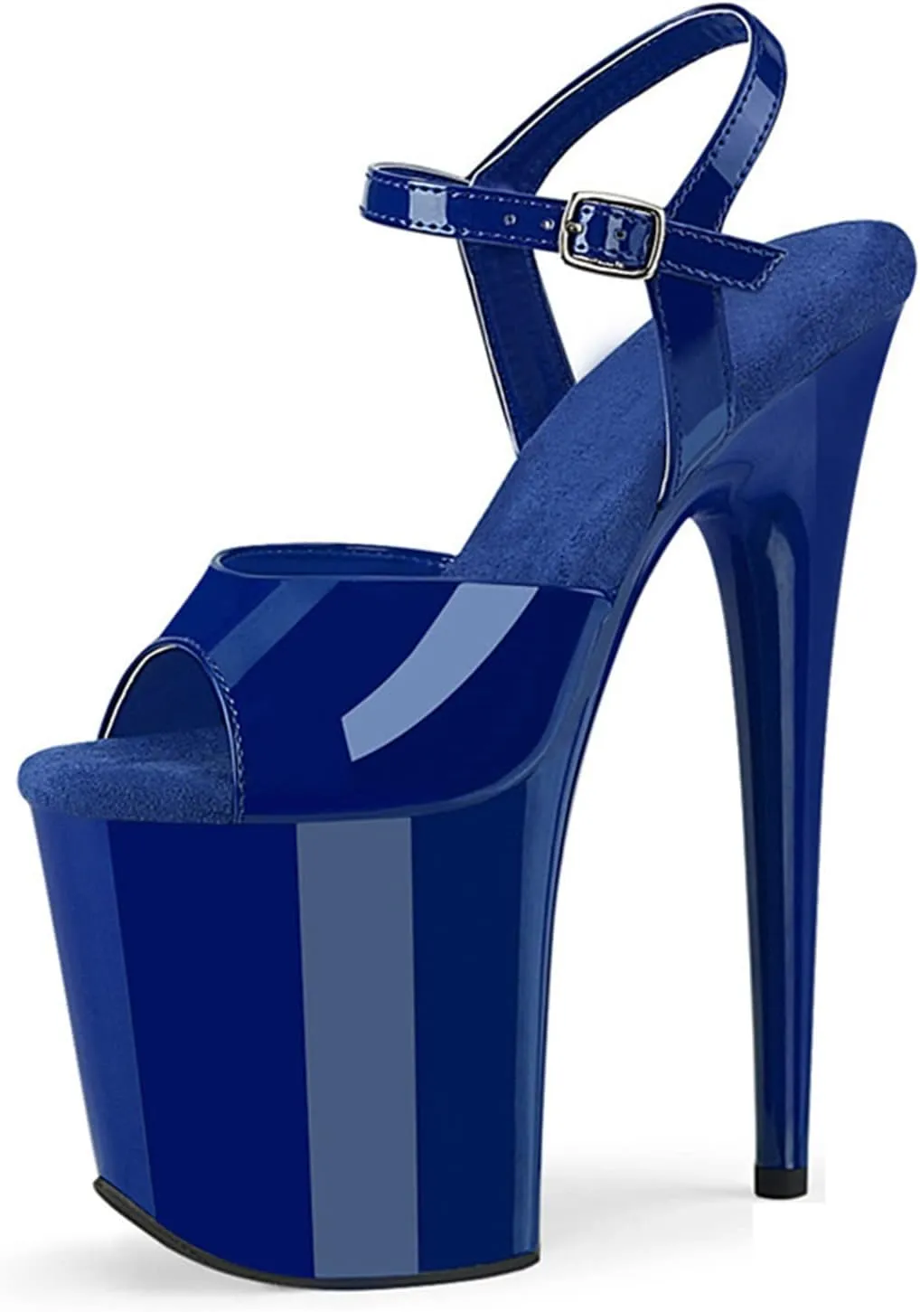 WOilERQ Womens Sexy Patent Leather Sandals Platform Open Toe Ankle Strap Heeled Sandals Evening Dress Shoes with 7.8inch Stiletto Heels for Stripper Club Party,Blue,10.5