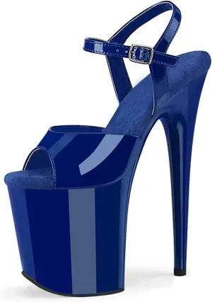 WOilERQ Womens Sexy Patent Leather Sandals Platform Open Toe Ankle Strap Heeled Sandals Evening Dress Shoes with 7.8inch Stiletto Heels for Stripper Club Party,Blue,11