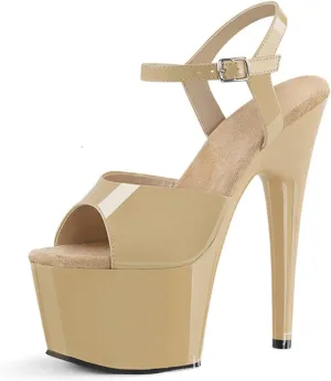 WOilERQ Women's Stiletto Heels Open Toe Platform High Heels Sandals Sexy Patent Leather Ankle Strap Dress Shoes for Prom Dressing Party 6.7 Inch,Beige,11