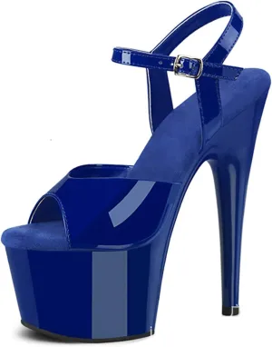 WOilERQ Women's Stiletto Heels Open Toe Platform High Heels Sandals Sexy Patent Leather Ankle Strap Dress Shoes for Prom Dressing Party 6.7 Inch,Blue,10.5