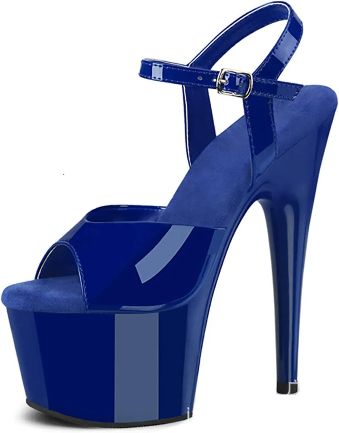 WOilERQ Women's Stiletto Heels Open Toe Platform High Heels Sandals Sexy Patent Leather Ankle Strap Dress Shoes for Prom Dressing Party 6.7 Inch,Blue,10.5