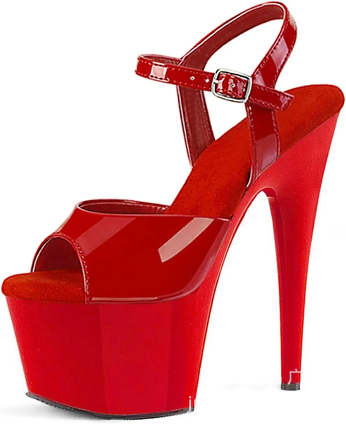 WOilERQ Women's Stiletto Heels Open Toe Platform High Heels Sandals Sexy Patent Leather Ankle Strap Dress Shoes for Prom Dressing Party 6.7 Inch,Red,5.5