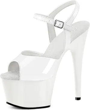 WOilERQ Women's Stiletto Heels Open Toe Platform High Heels Sandals Sexy Patent Leather Ankle Strap Dress Shoes for Prom Dressing Party 6.7 Inch,White,5.5
