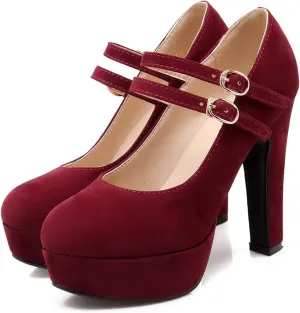 WOilERQ Women's Suede Mary Jane Double Ankle Strap Platform Round Toe Chunky Block High Heel Pumps Dress Party Shoes,Red,38