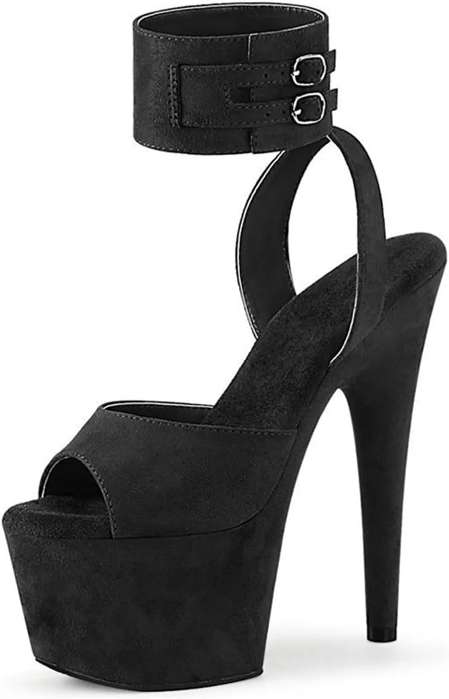WOilERQ Womens Suede Sandals Platform Peep Open Toe Ankle Strap Slingback Super high Heels Sexy Nightclub Pole Dancing Stripper Club Dress Shoes 17cm,Black,5.5