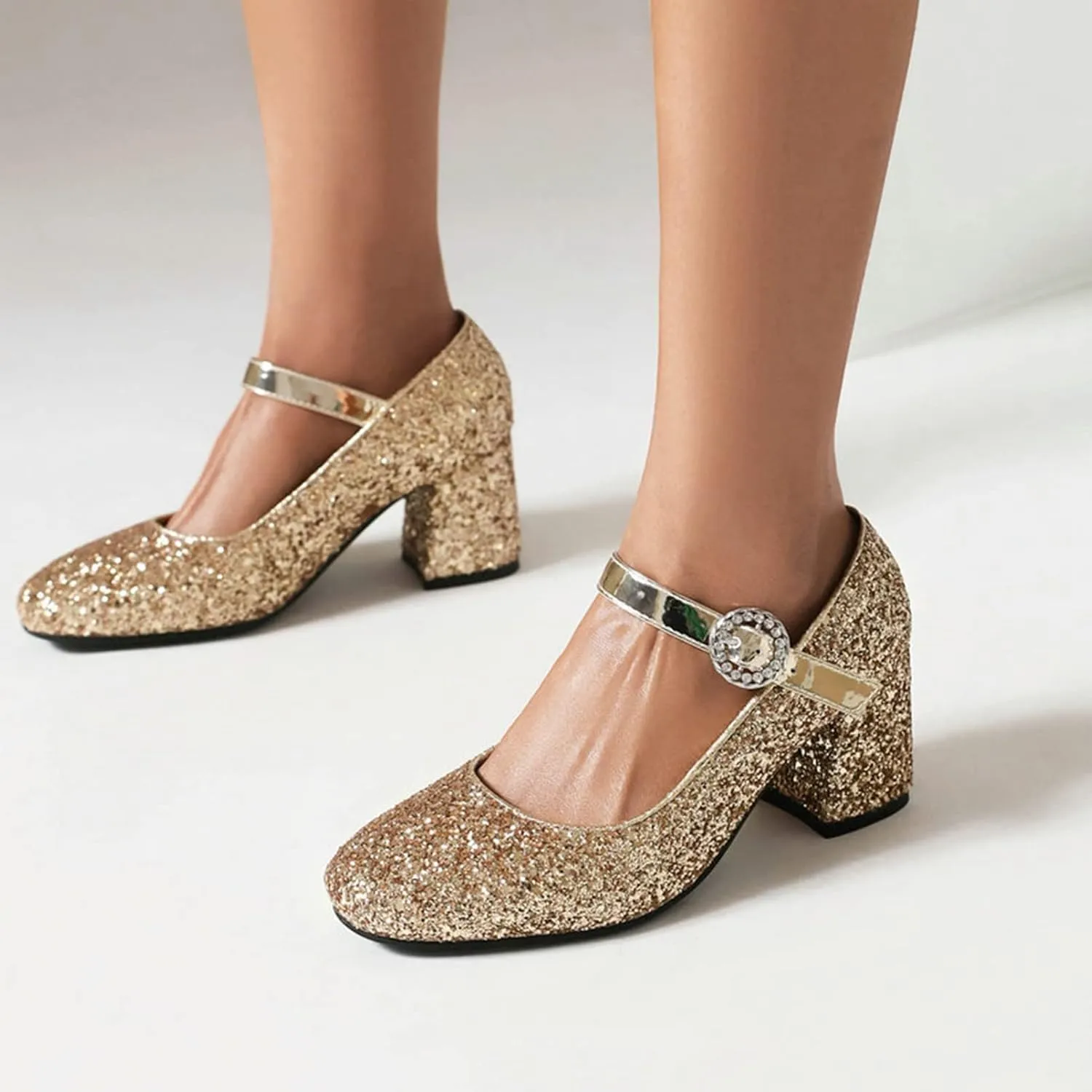 Women Glitter Sequins Mary Jane Pumps Ankle Strap Square Toe Block Heel Wedding Dress Evening Shoes