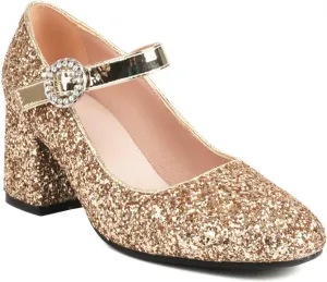 Women Glitter Sequins Mary Jane Pumps Ankle Strap Square Toe Block Heel Wedding Dress Evening Shoes