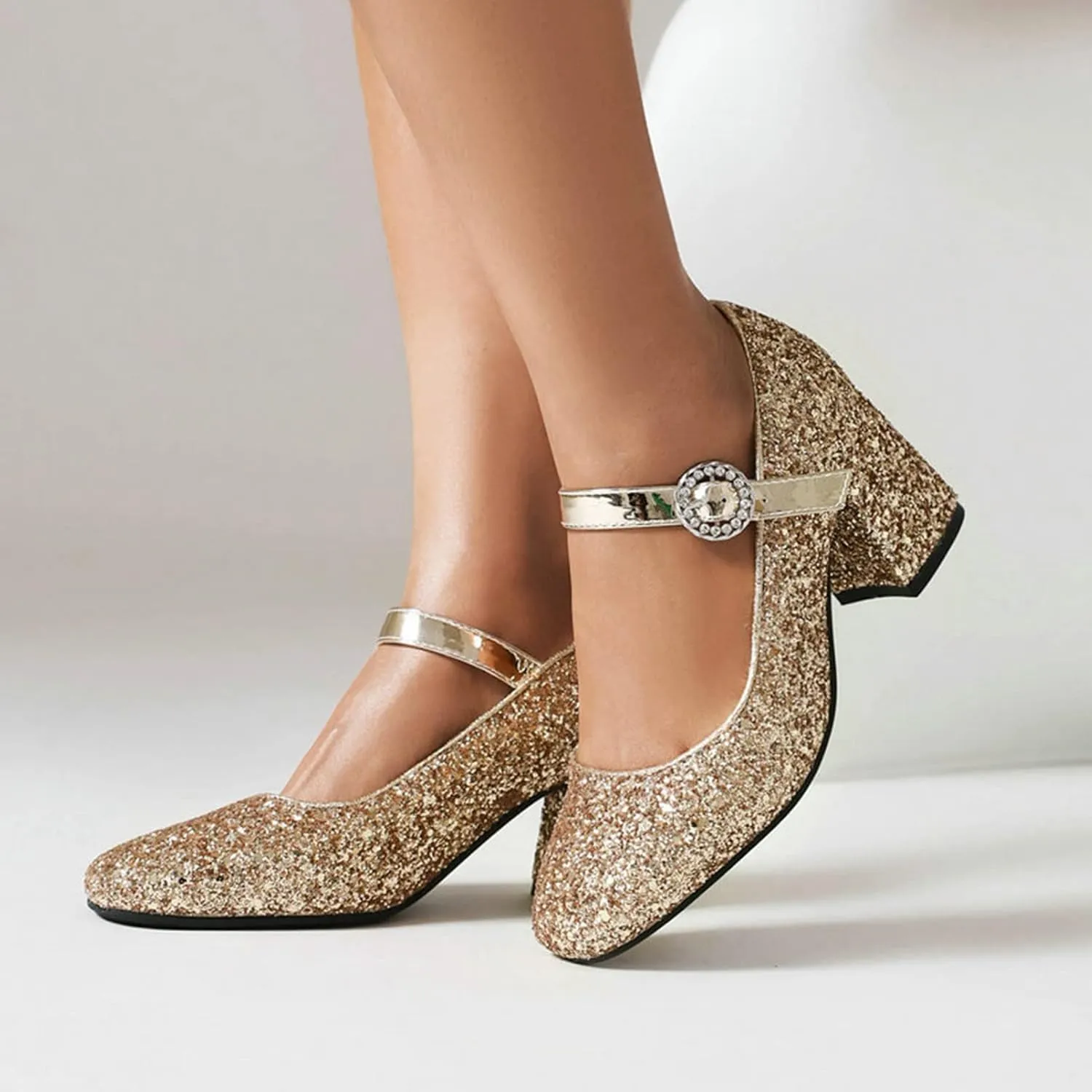 Women Glitter Sequins Mary Jane Pumps Ankle Strap Square Toe Block Heel Wedding Dress Evening Shoes