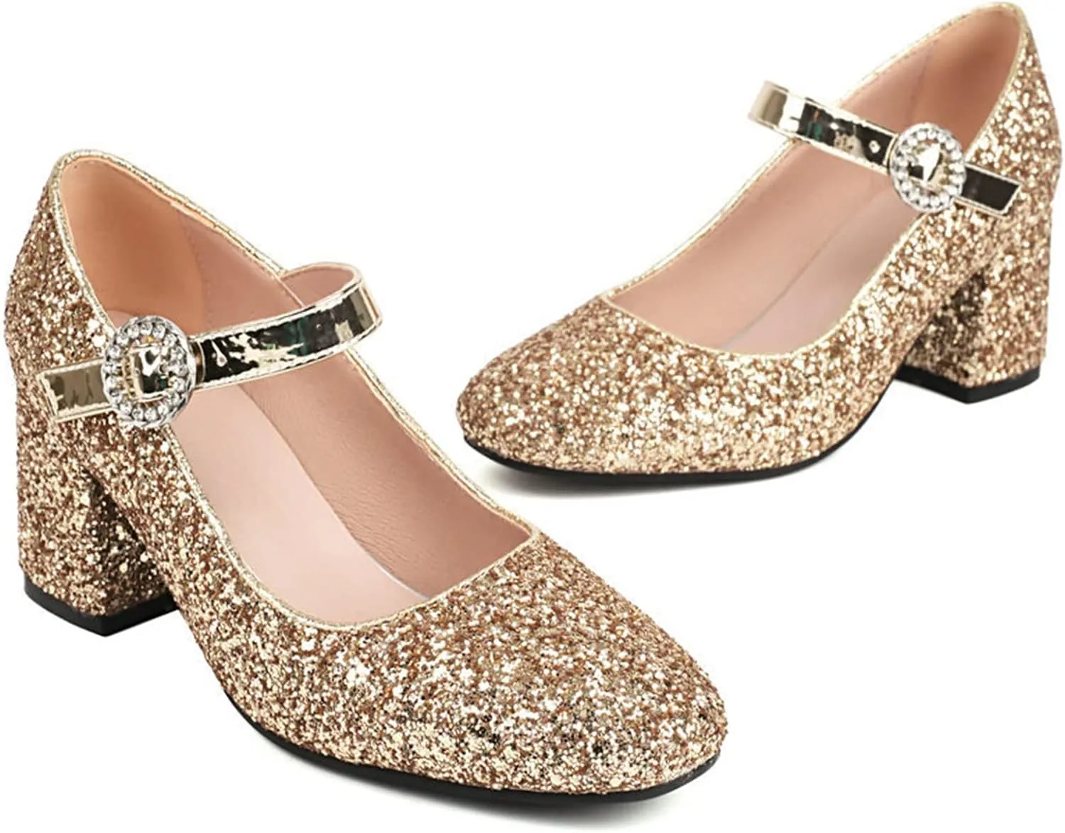 Women Glitter Sequins Mary Jane Pumps Ankle Strap Square Toe Block Heel Wedding Dress Evening Shoes