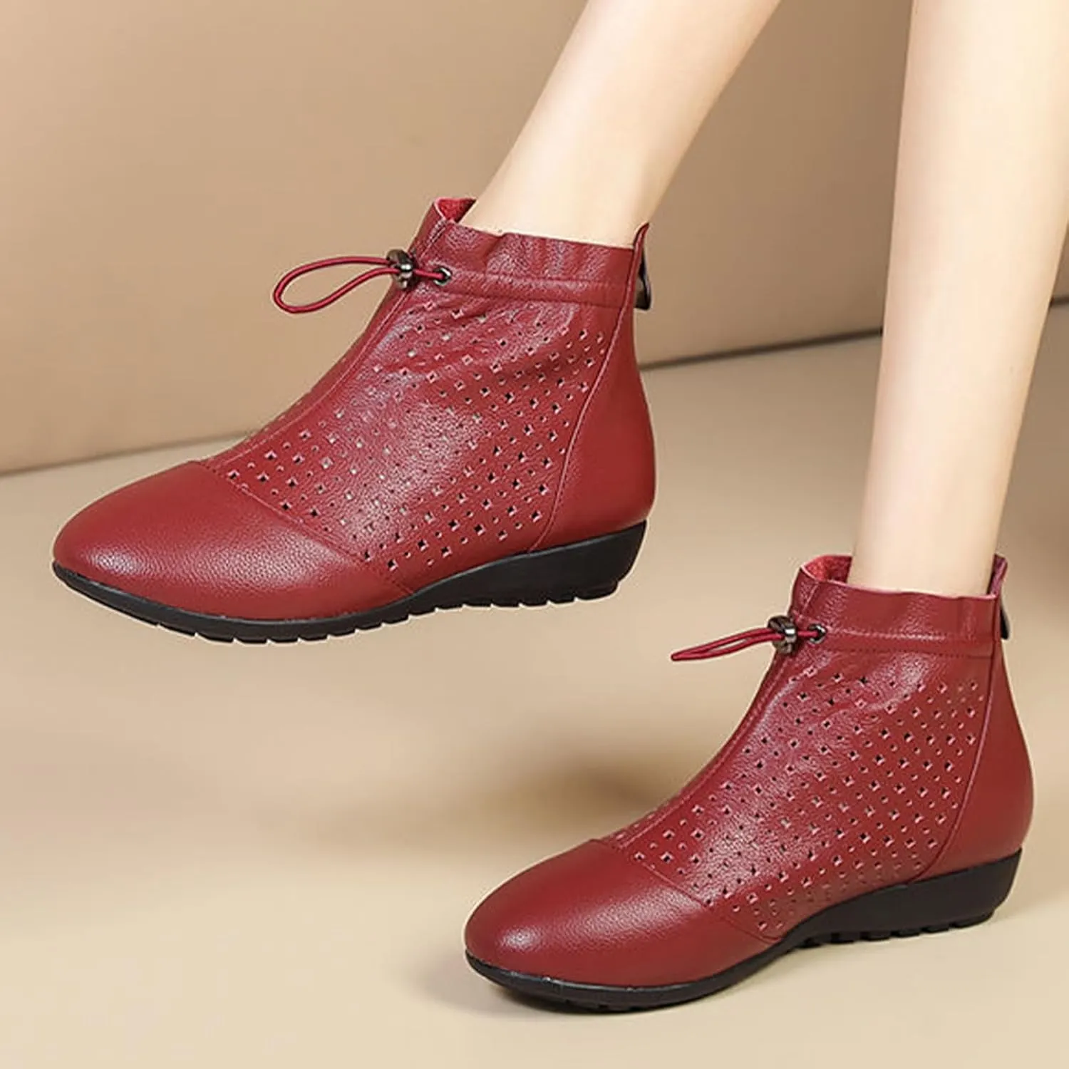 Women Leather Cutout Dress Booties Summer Round Toe Comfy Breathe Wedge Softsole Back Zip Casual Short Ankle Boots Granny Boots