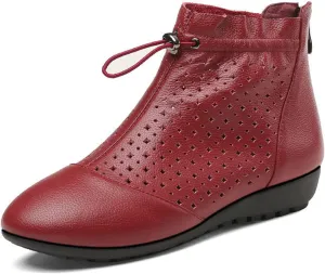 Women Leather Cutout Dress Booties Summer Round Toe Comfy Breathe Wedge Softsole Back Zip Casual Short Ankle Boots Granny Boots