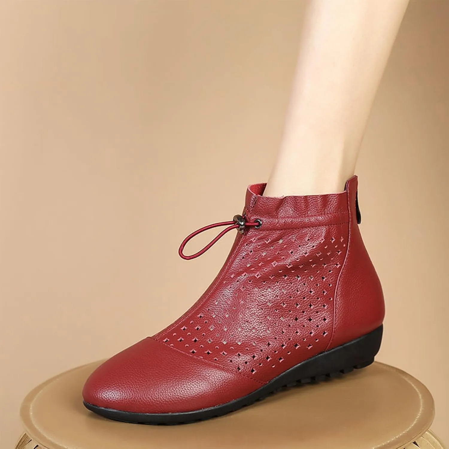 Women Leather Cutout Dress Booties Summer Round Toe Comfy Breathe Wedge Softsole Back Zip Casual Short Ankle Boots Granny Boots