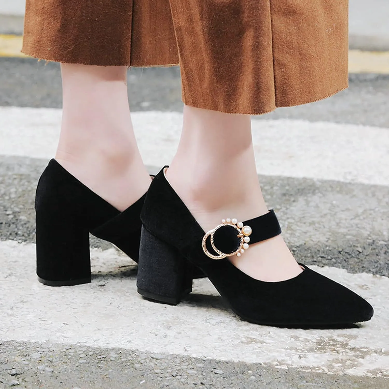 Women Pointed Toe Mary Jane Shoes Velvet Ankle Strap Pearl Buckle Chunky Thick High Heel Dress Pumps