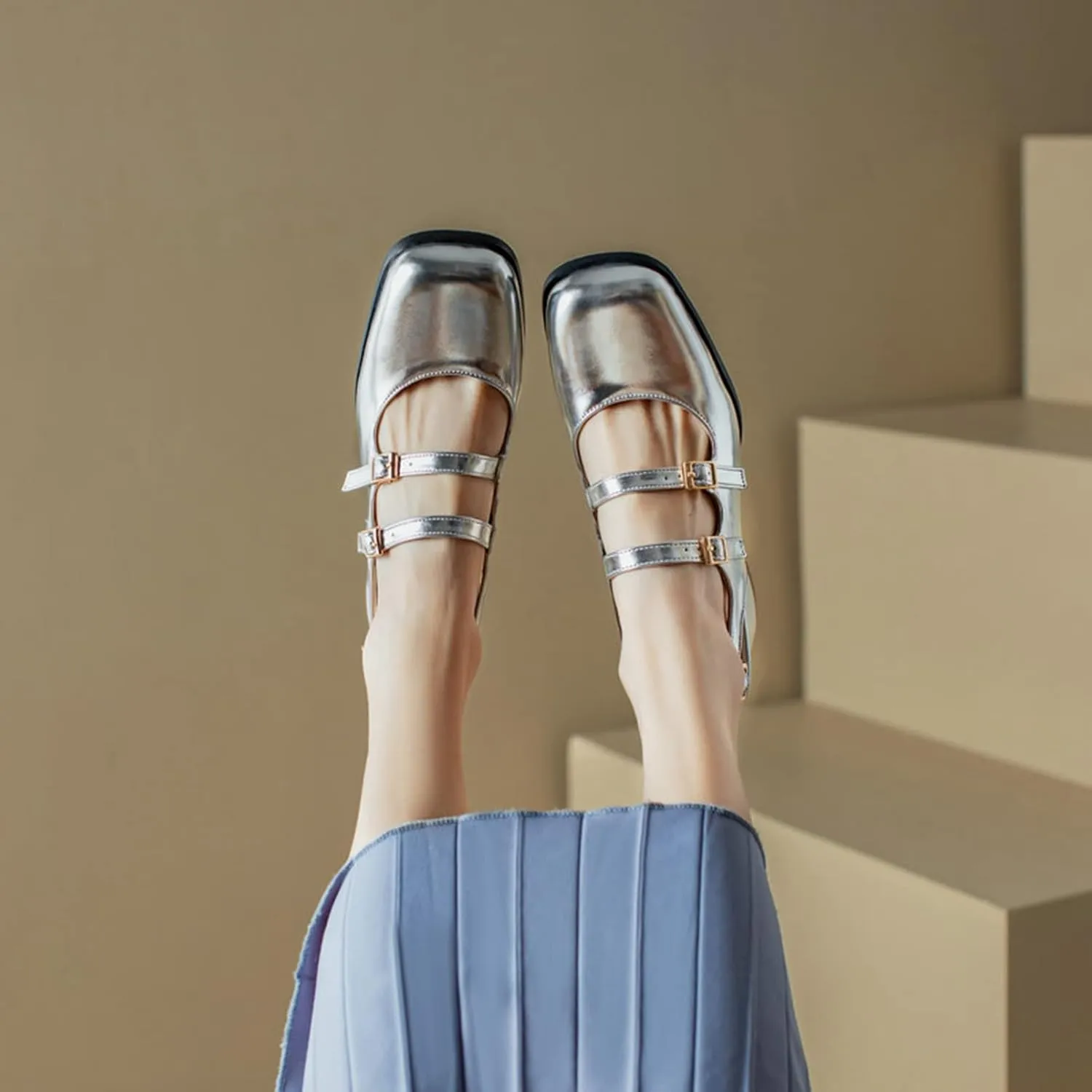 Women Slingback Mary Jane Pumps Buckle Strap Fashion Square Toe Chunky Mid Heeled Office Dress Shoes