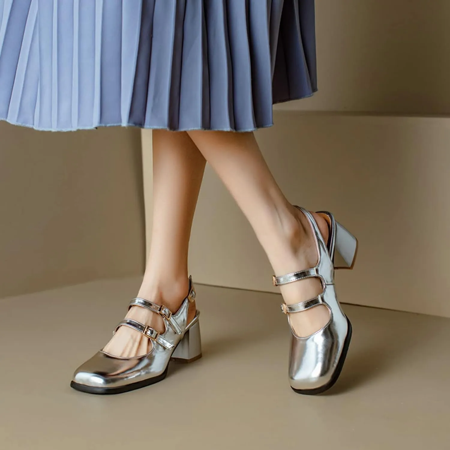 Women Slingback Mary Jane Pumps Buckle Strap Fashion Square Toe Chunky Mid Heeled Office Dress Shoes