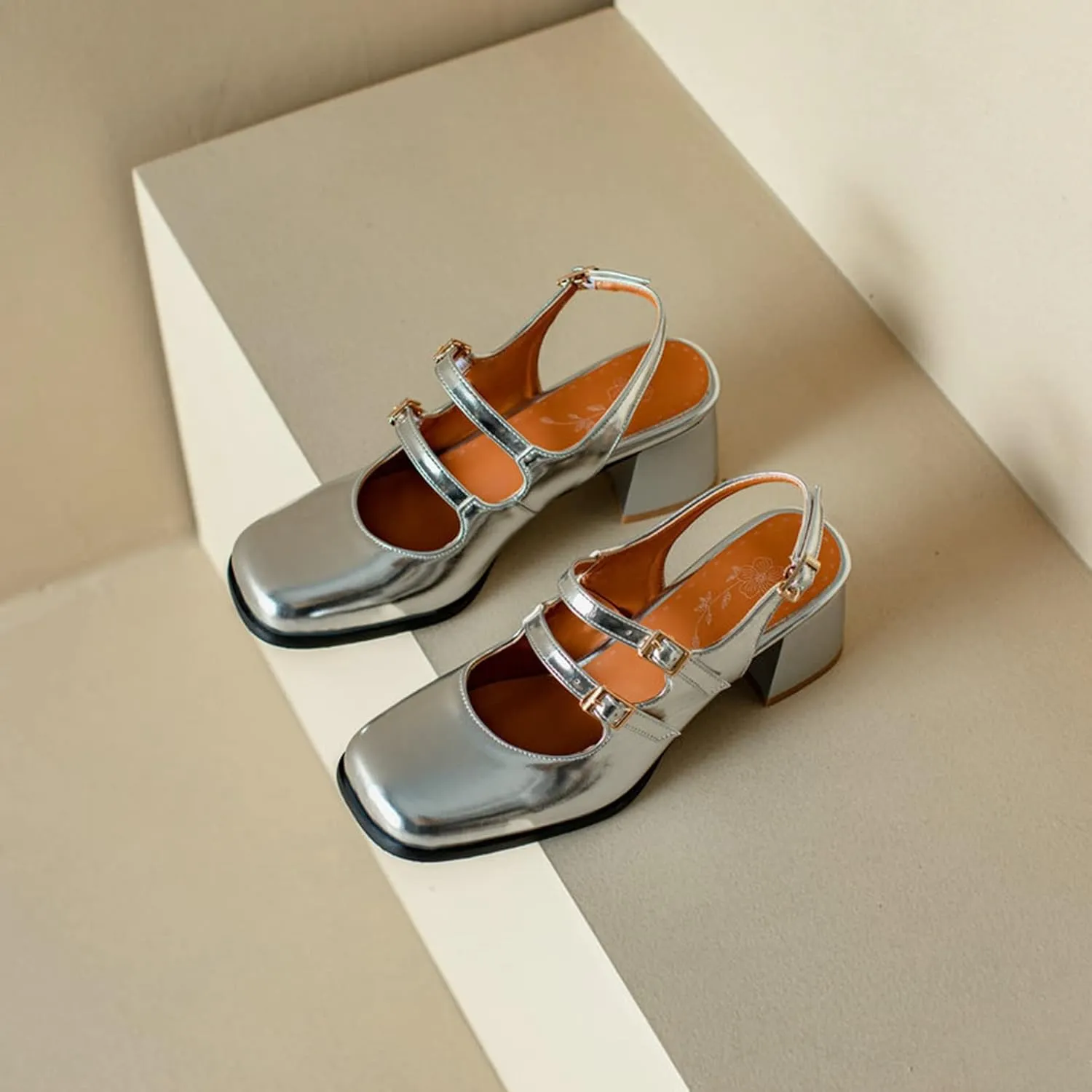 Women Slingback Mary Jane Pumps Buckle Strap Fashion Square Toe Chunky Mid Heeled Office Dress Shoes
