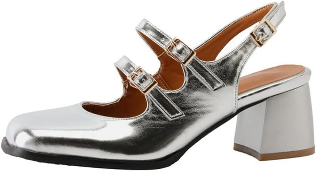 Women Slingback Mary Jane Pumps Buckle Strap Fashion Square Toe Chunky Mid Heeled Office Dress Shoes
