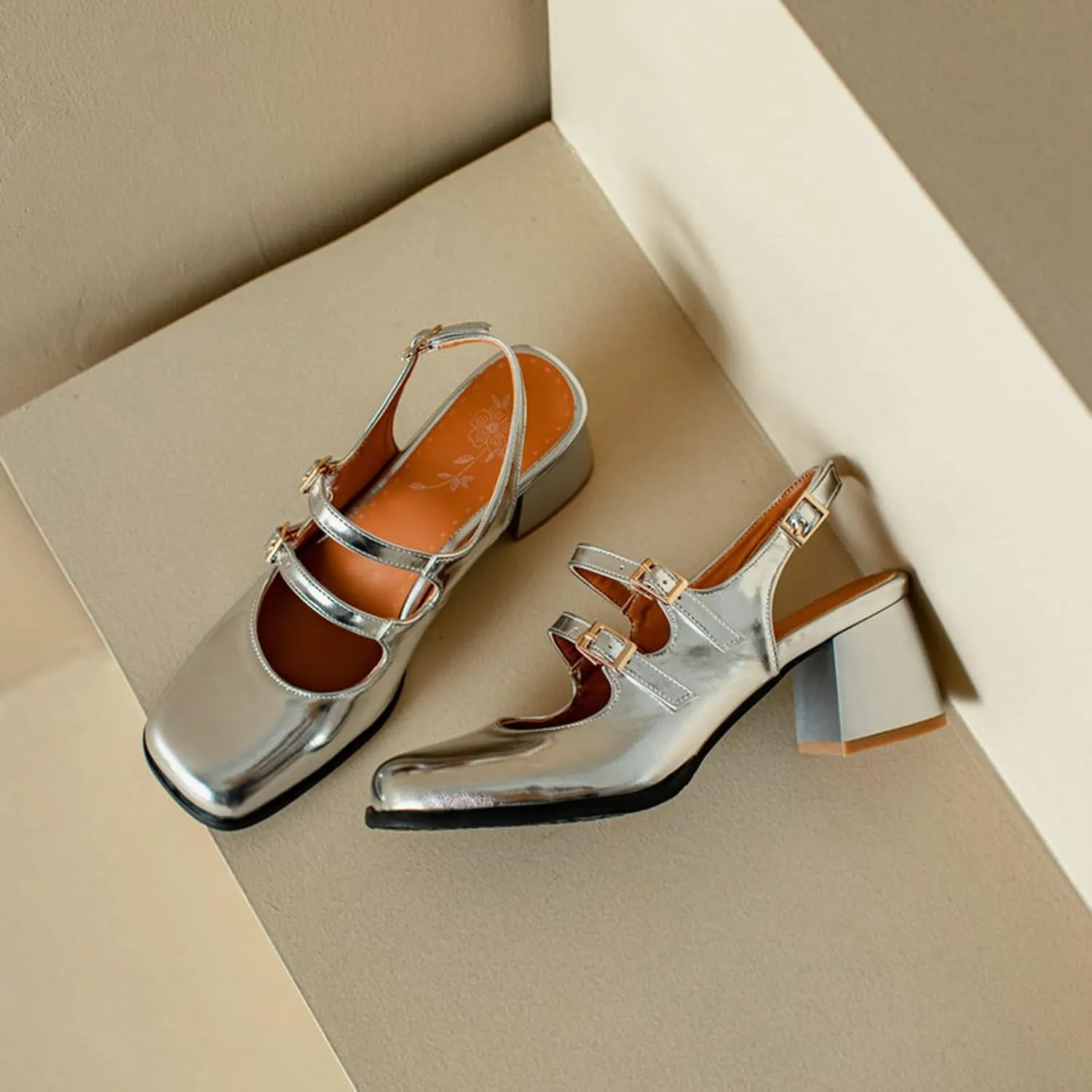 Women Slingback Mary Jane Pumps Buckle Strap Fashion Square Toe Chunky Mid Heeled Office Dress Shoes