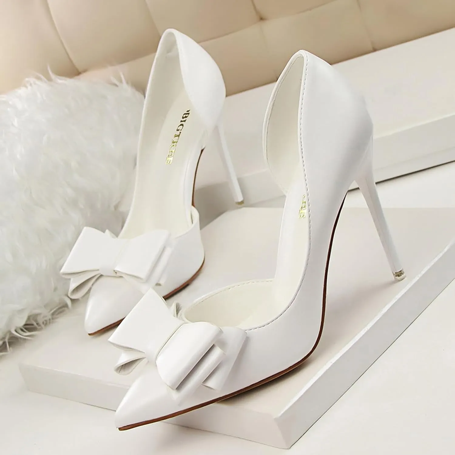 Womens Bow Heels Stiletto D'Orsay Double Bow Pumps Pointed Toe Women Dress Shoes Slip on Wedding Shoes for Bride Bridesmaid