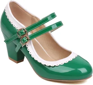 Women's Chunky Block High Heels Mary Jane Pumps Shoes Round Toe Two Toned Wedding Party Dress Shoes