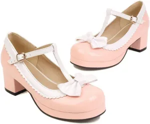 Womens Chunky Mid Heel Mary Jane Shoes Sweet Bow Round Toe Ankle T-Strap Platform Dress Oxfords Pumps