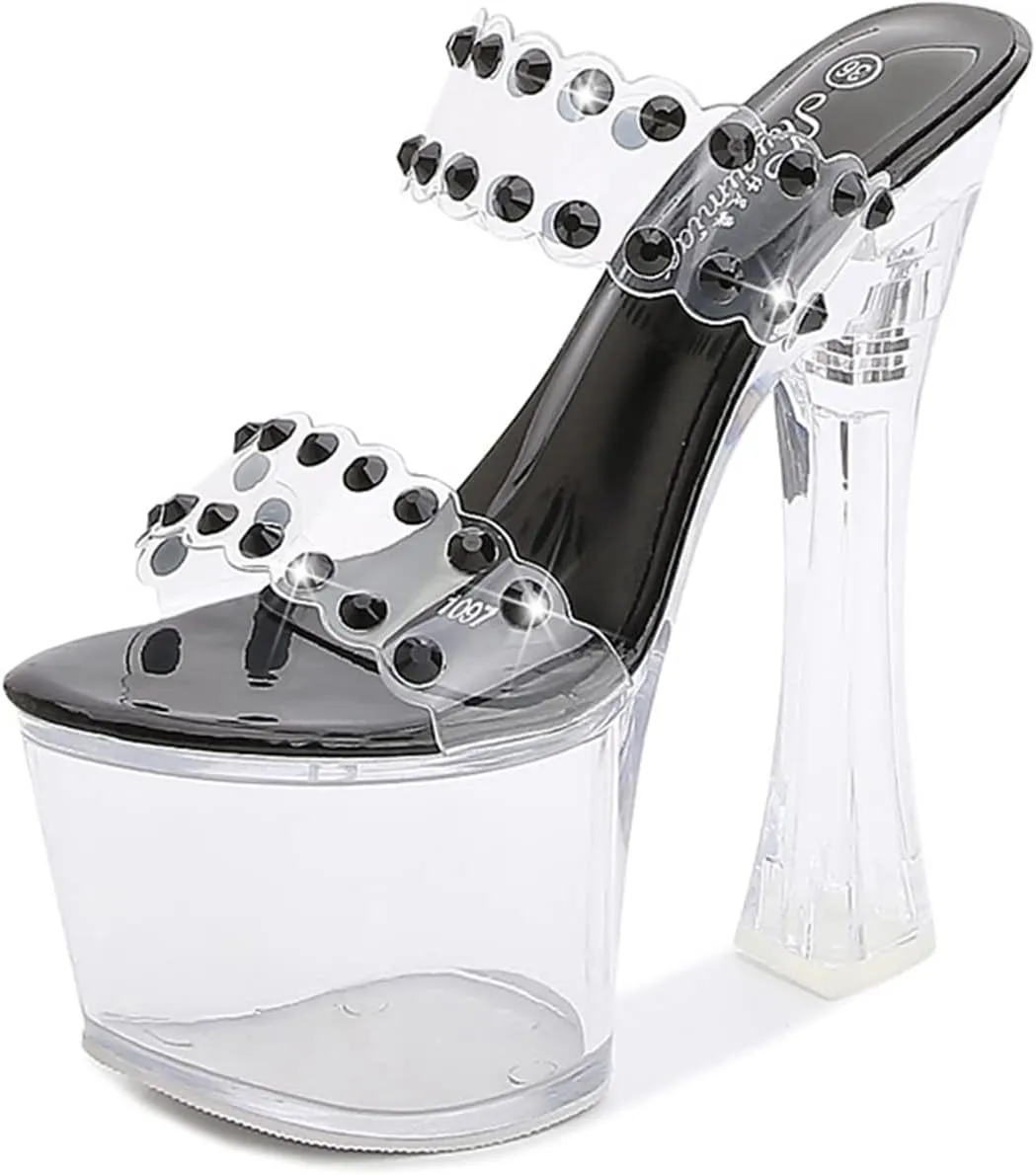 Women's Crystal Clear Platform Heeled Sandals Rhinestone Chunky Heels Ankle Strap Peep Toe Buckle Sandals Cross Strappy Dress Sandal Shoes for for Dress Wedding Party 18cm/7inch,Black,5.5