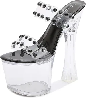 Women's Crystal Clear Platform Heeled Sandals Rhinestone Chunky Heels Ankle Strap Peep Toe Buckle Sandals Cross Strappy Dress Sandal Shoes for for Dress Wedding Party 18cm/7inch,Black,5.5