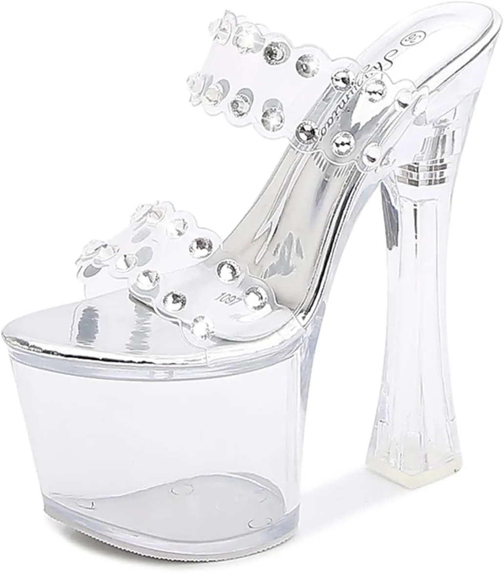 Women's Crystal Clear Platform Heeled Sandals Rhinestone Chunky Heels Ankle Strap Peep Toe Buckle Sandals Cross Strappy Dress Sandal Shoes for for Dress Wedding Party 18cm/7inch,Silver,7
