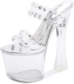 Women's Crystal Clear Platform Heeled Sandals Rhinestone Chunky Heels Ankle Strap Peep Toe Buckle Sandals Cross Strappy Dress Sandal Shoes for for Dress Wedding Party 18cm/7inch,Silver,7