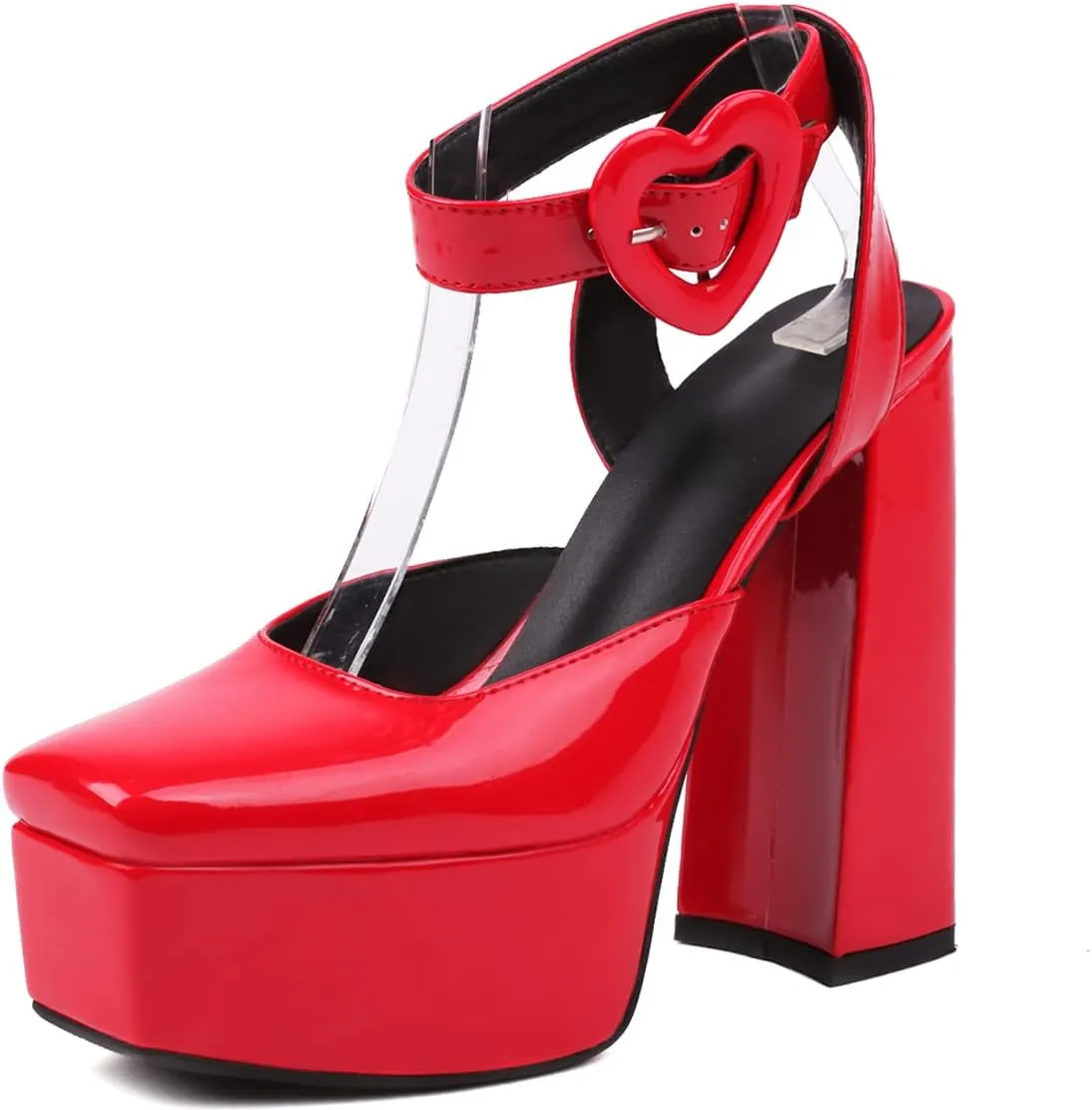 Women's Cute Heart Platform Heels Pumps Block Heel Flatform Shoes Ankle Strap Buckles Dress Pumps