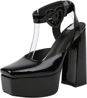 Women's Cute Heart Platform Heels Pumps Block Heel Flatform Shoes Ankle Strap Buckles Dress Pumps