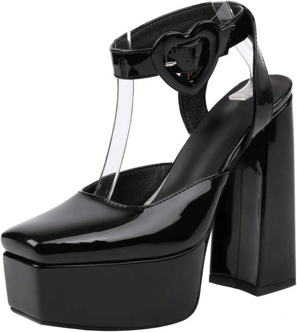 Women's Cute Heart Platform Heels Pumps Block Heel Flatform Shoes Ankle Strap Buckles Dress Pumps