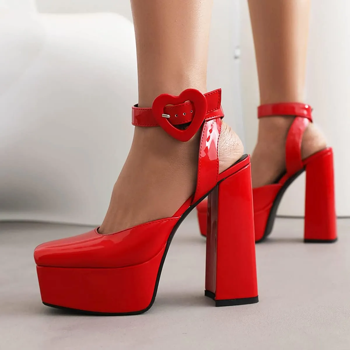 Women's Cute Heart Platform Heels Pumps Block Heel Flatform Shoes Ankle Strap Buckles Dress Pumps
