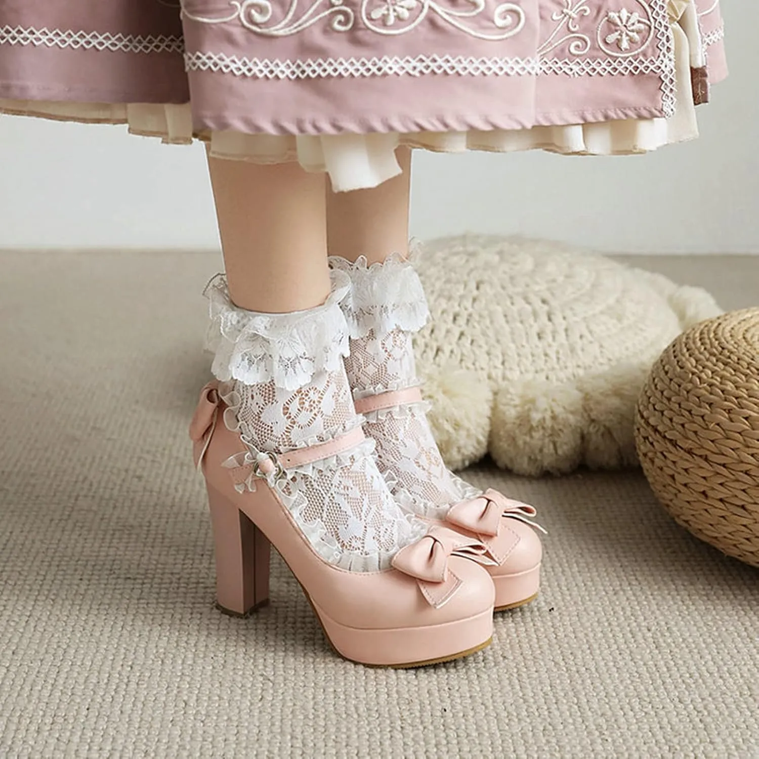 Womens Cute Lolita Dress Pumps Lace Bowknot Comfy Chunky High Heel Round Toe Platform Mary Jane Shoes