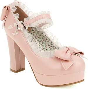 Womens Cute Lolita Dress Pumps Lace Bowknot Comfy Chunky High Heel Round Toe Platform Mary Jane Shoes
