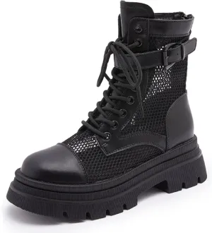 Women's Genuine Leather Lace-up Combat Ankle Boots with Side Zipper Fashion Comfort Round Toe Lug Sole Low Chunky Heel Booties Hollow Breathable Work Dress Boots
