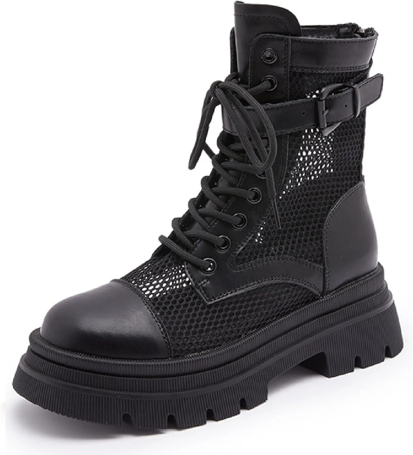 Women's Genuine Leather Lace-up Combat Ankle Boots with Side Zipper Fashion Comfort Round Toe Lug Sole Low Chunky Heel Booties Hollow Breathable Work Dress Boots