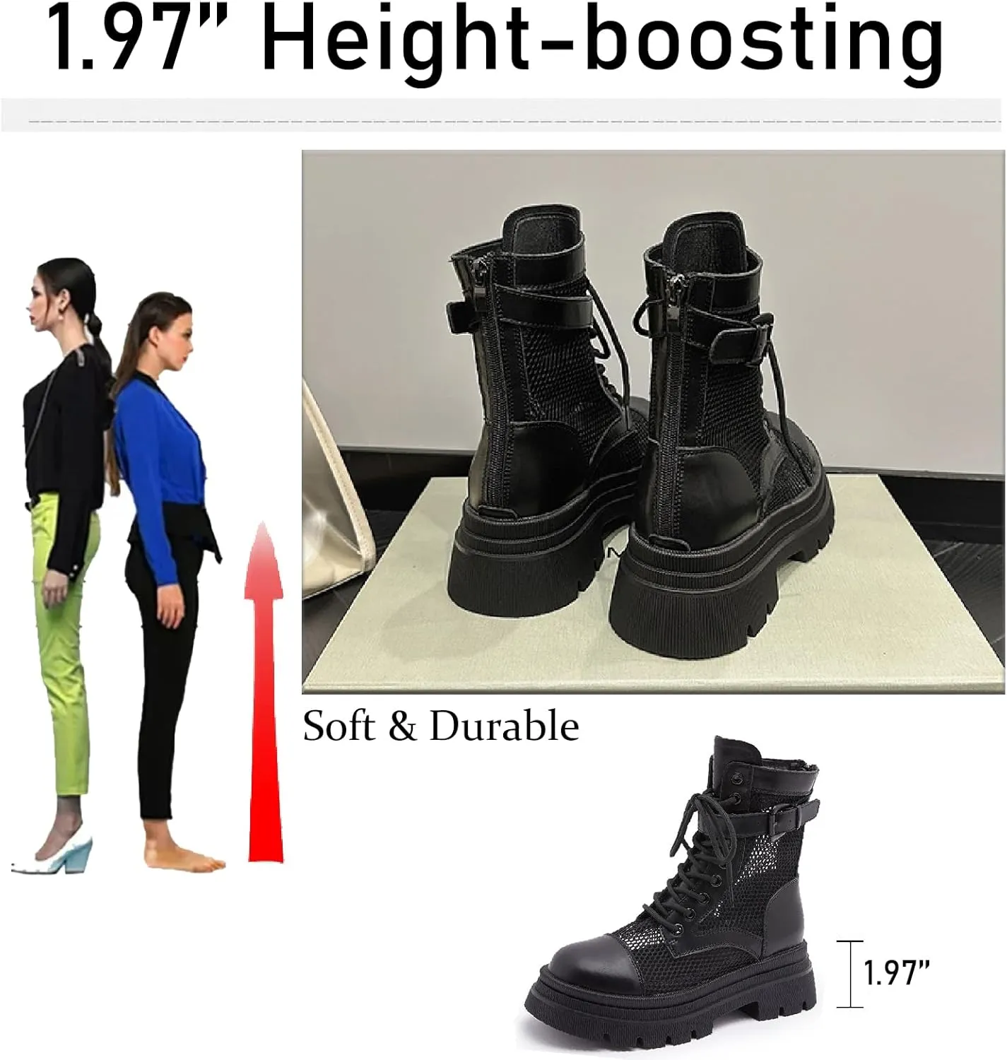 Women's Genuine Leather Lace-up Combat Ankle Boots with Side Zipper Fashion Comfort Round Toe Lug Sole Low Chunky Heel Booties Hollow Breathable Work Dress Boots