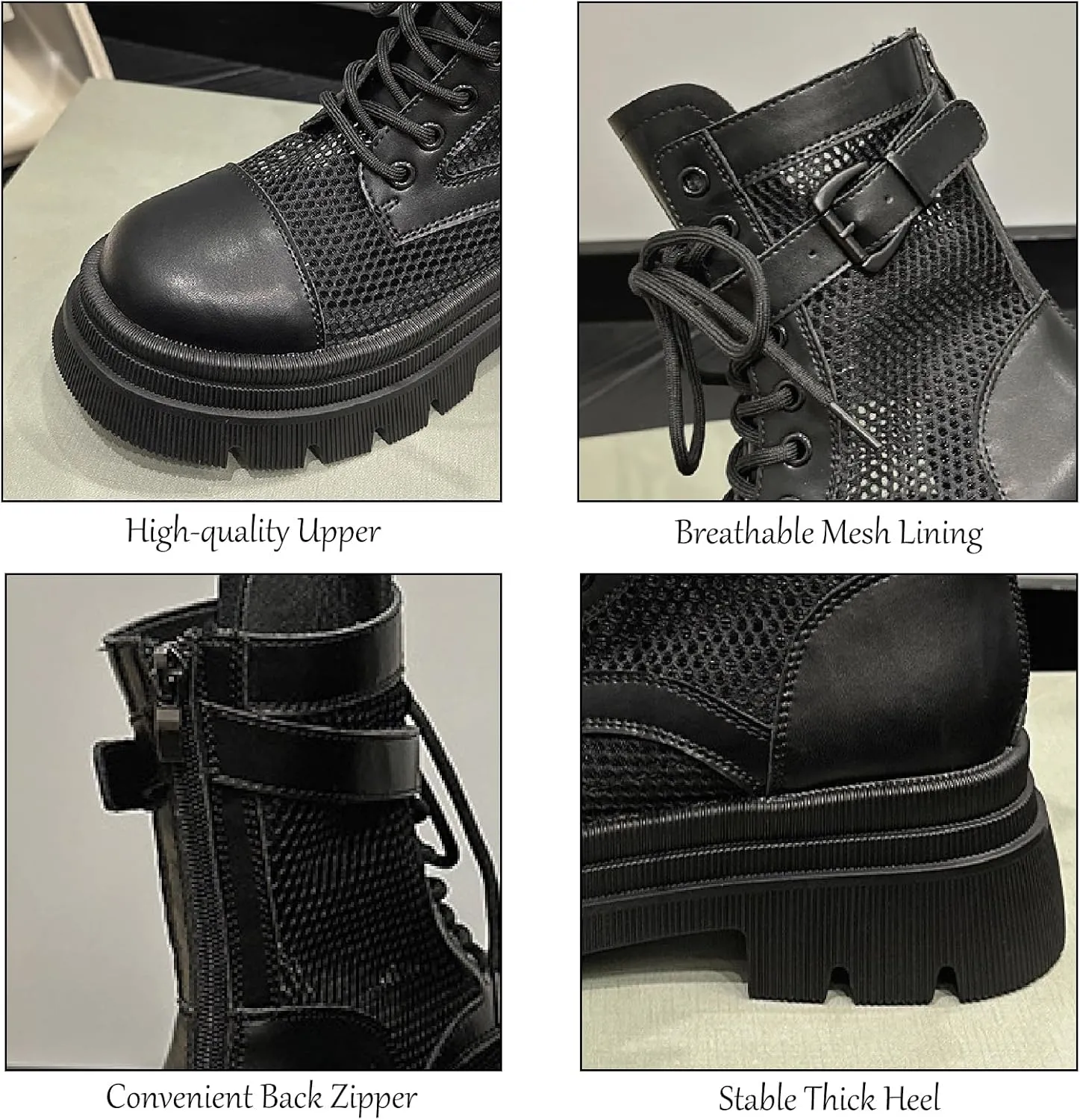 Women's Genuine Leather Lace-up Combat Ankle Boots with Side Zipper Fashion Comfort Round Toe Lug Sole Low Chunky Heel Booties Hollow Breathable Work Dress Boots