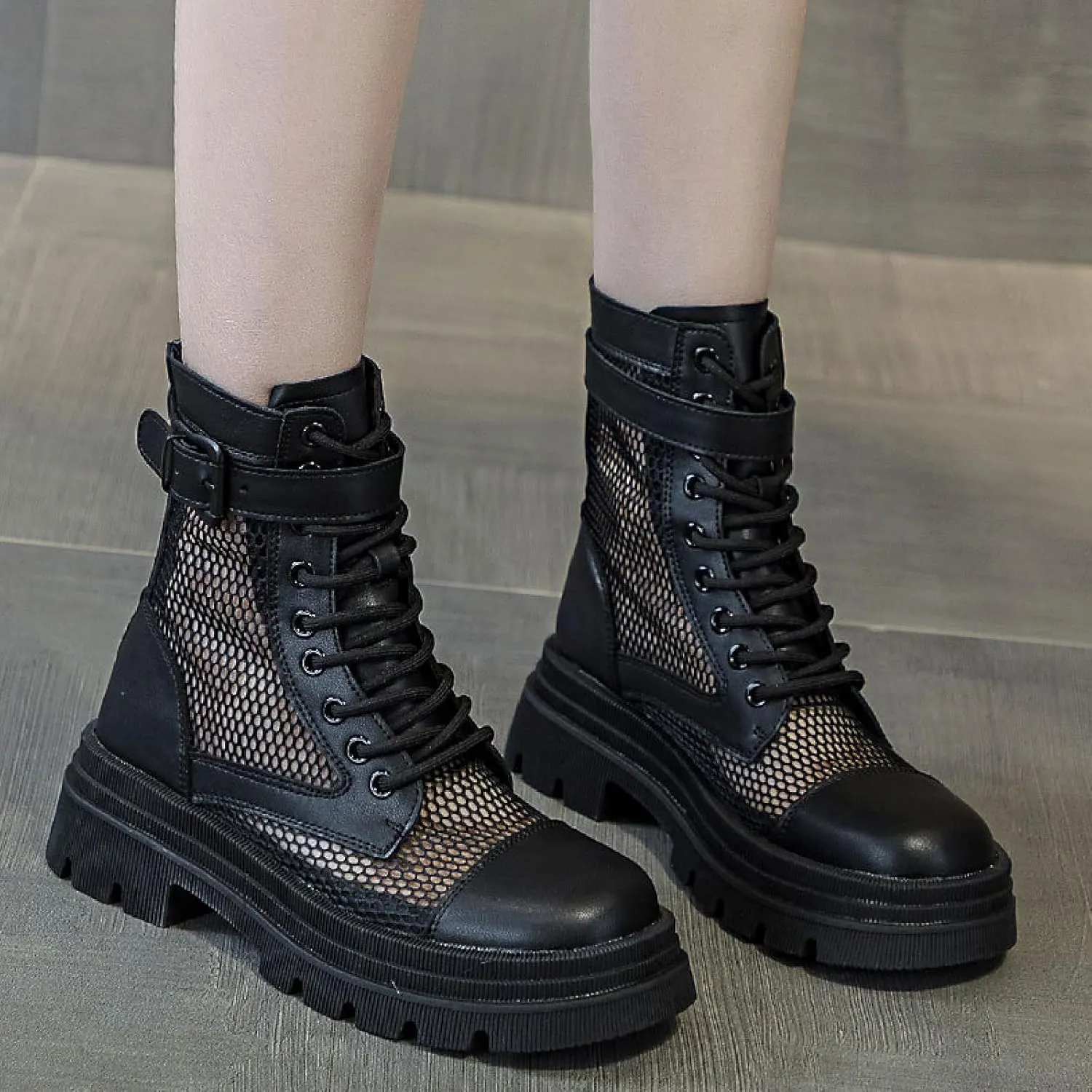Women's Genuine Leather Lace-up Combat Ankle Boots with Side Zipper Fashion Comfort Round Toe Lug Sole Low Chunky Heel Booties Hollow Breathable Work Dress Boots