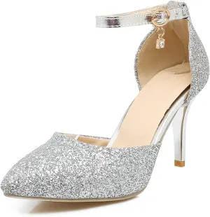 Women's Glitter Stiletto High Heel Pumps Bling Ankle Strap Pointed Toe Bride Dress Wedding Party Shoes