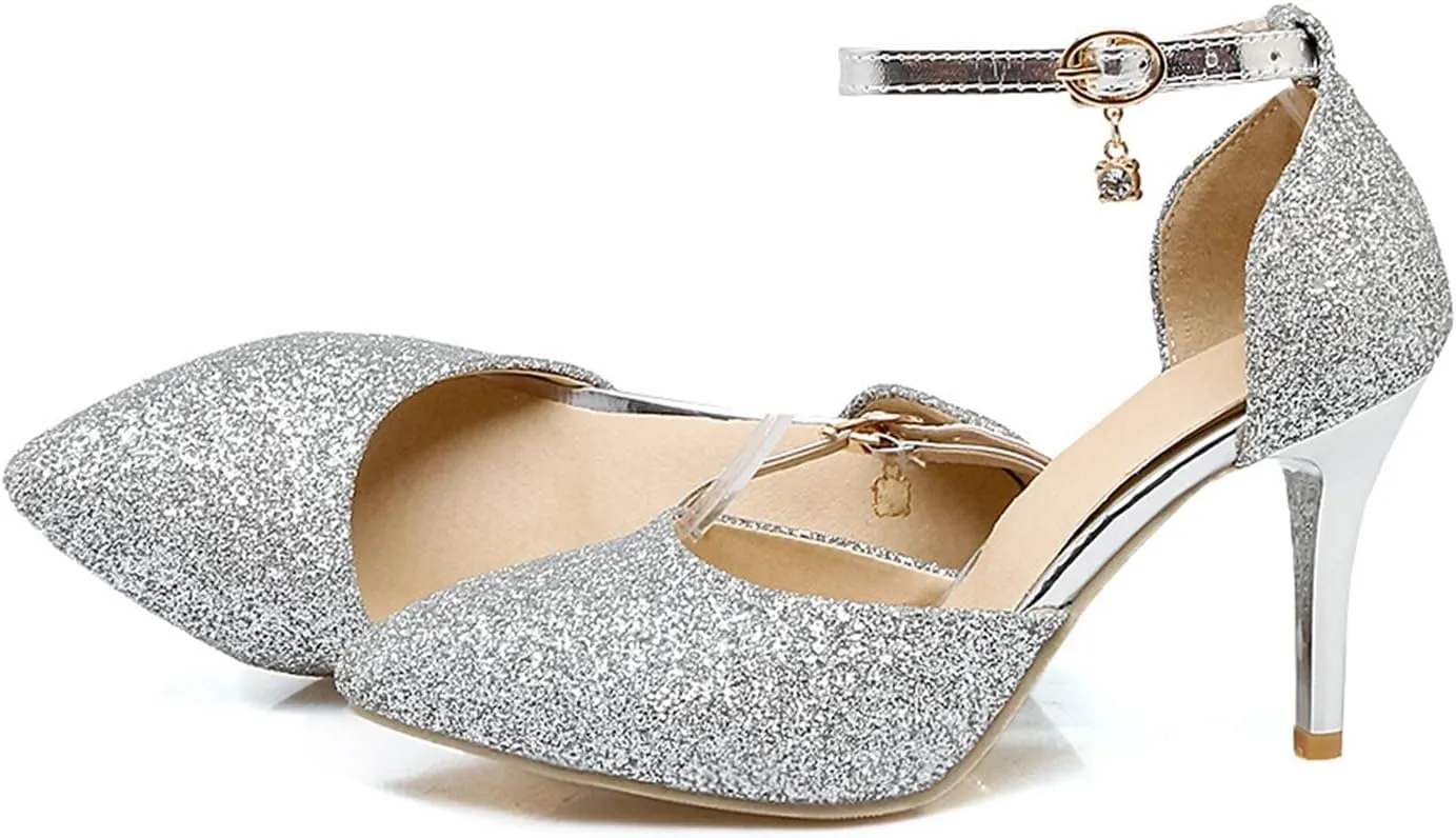 Women's Glitter Stiletto High Heel Pumps Bling Ankle Strap Pointed Toe Bride Dress Wedding Party Shoes
