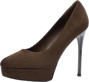 Womens High Heel Platform Pumps Round Toe Sky Stilettoes Waterproof Suede Closed Pointed 4.72" Party Dress Summer Sandals Shoes Office Wedding