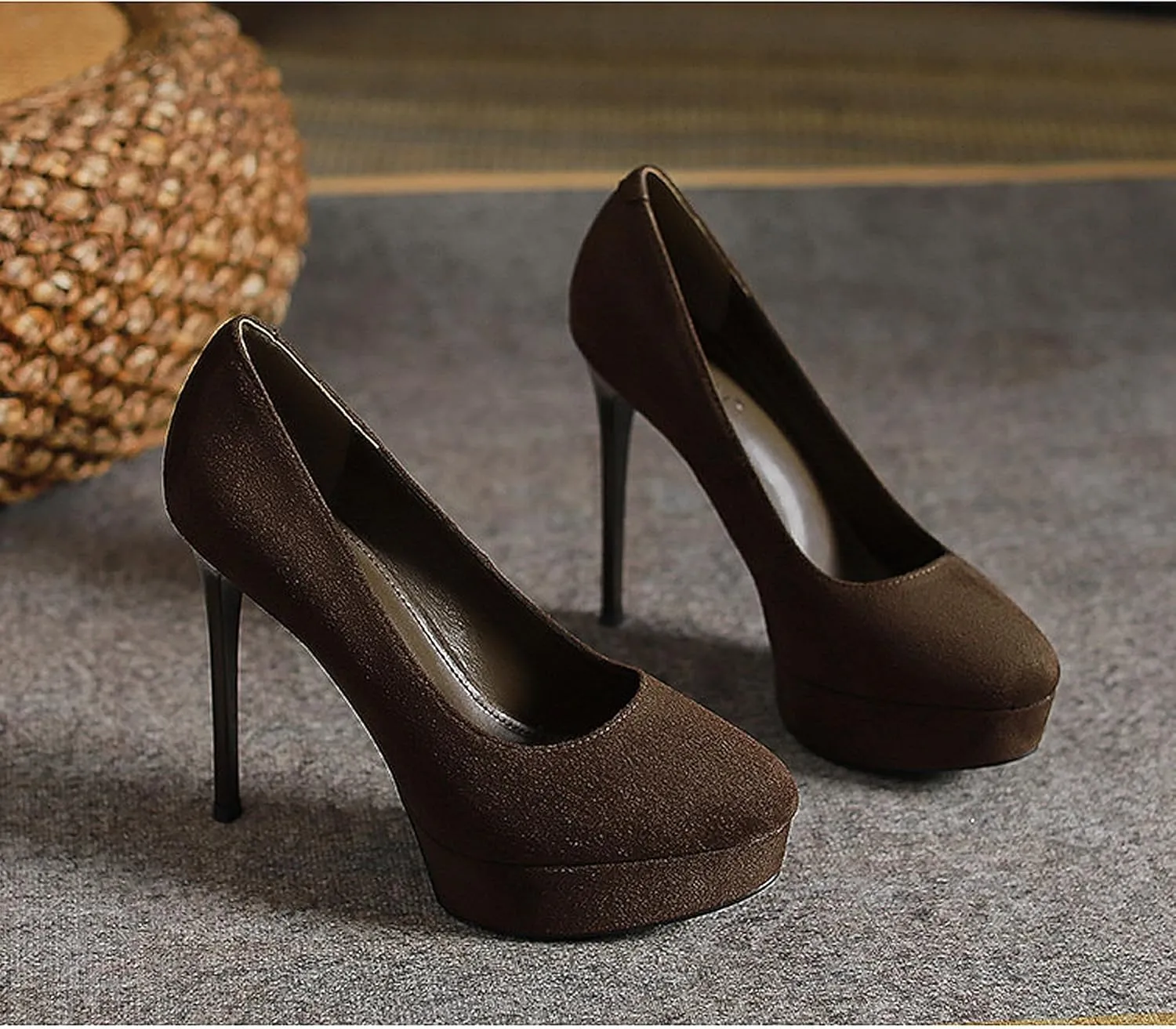 Womens High Heel Platform Pumps Round Toe Sky Stilettoes Waterproof Suede Closed Pointed 4.72" Party Dress Summer Sandals Shoes Office Wedding