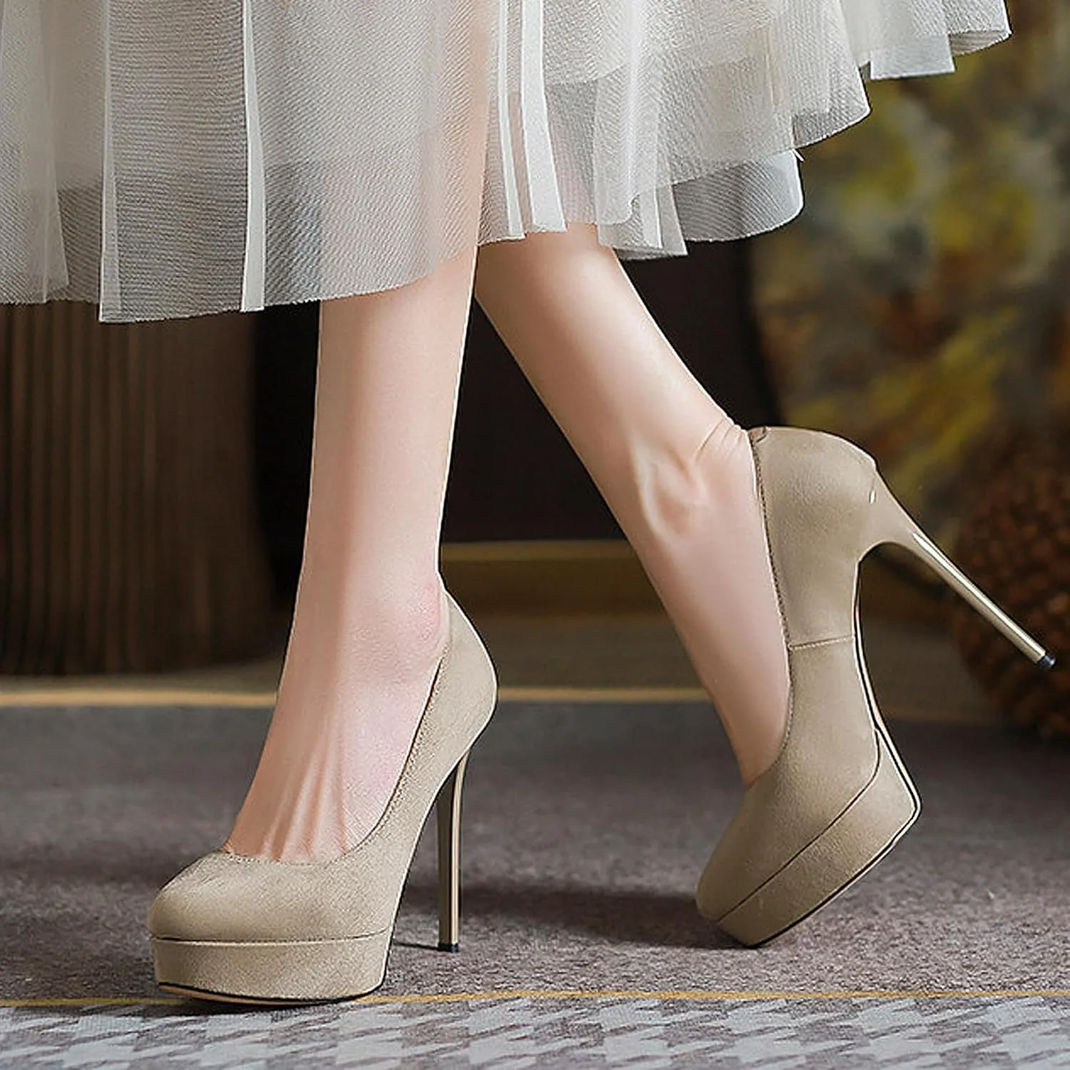 Womens High Heel Platform Pumps Round Toe Sky Stilettoes Waterproof Suede Closed Pointed 4.72" Party Dress Summer Sandals Shoes Office Wedding