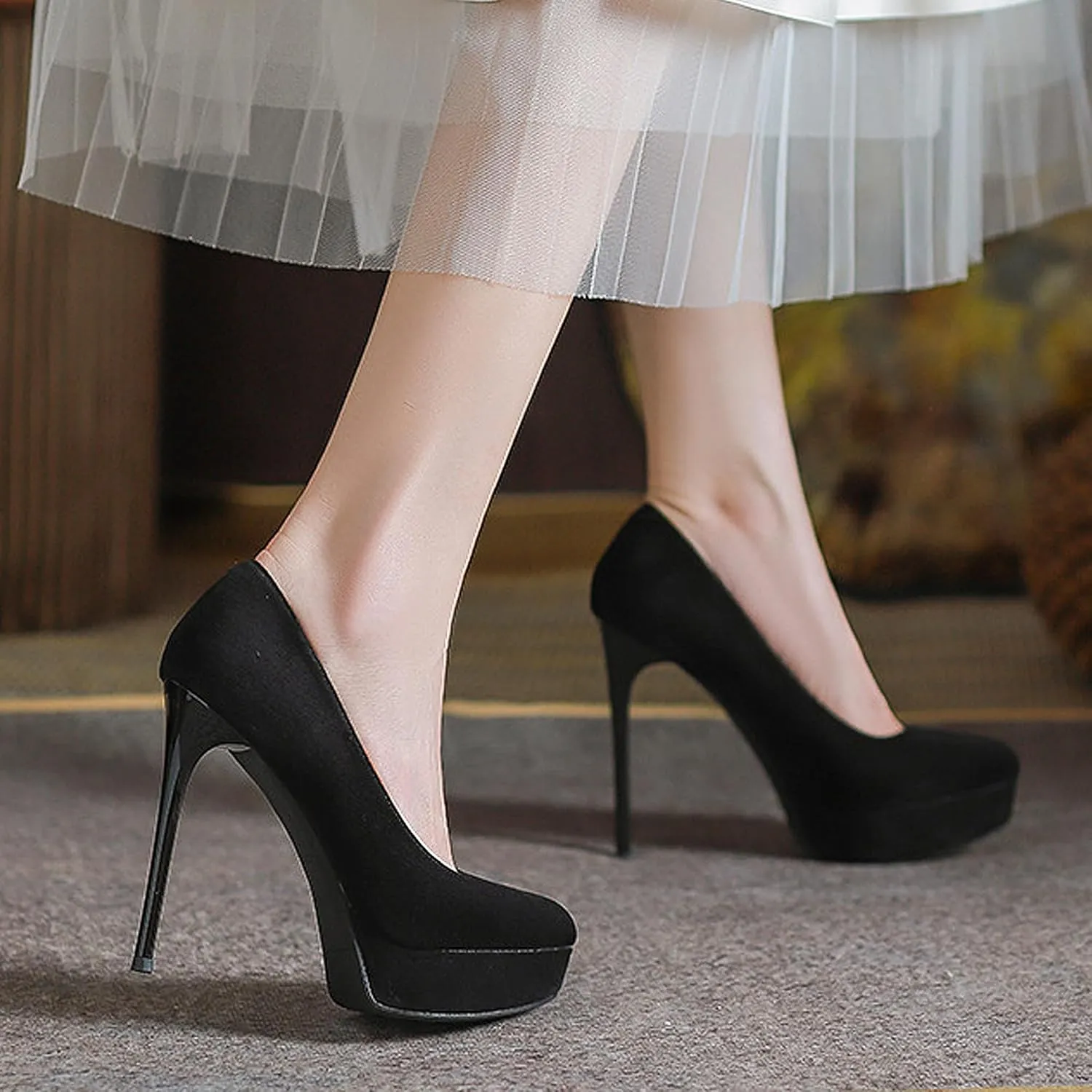Womens High Heel Platform Pumps Round Toe Sky Stilettoes Waterproof Suede Closed Pointed 4.72" Party Dress Summer Sandals Shoes Office Wedding