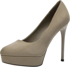 Womens High Heel Platform Pumps Round Toe Sky Stilettoes Waterproof Suede Closed Pointed 4.72" Party Dress Summer Sandals Shoes Office Wedding