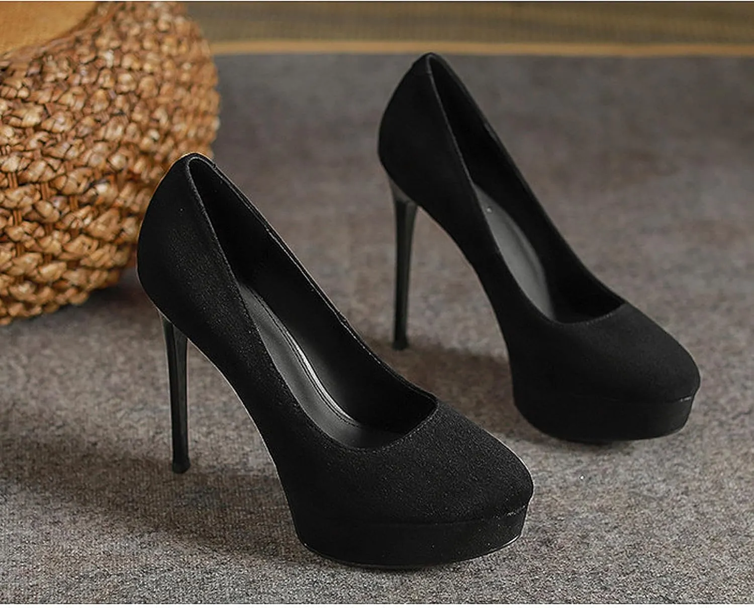 Womens High Heel Platform Pumps Round Toe Sky Stilettoes Waterproof Suede Closed Pointed 4.72" Party Dress Summer Sandals Shoes Office Wedding