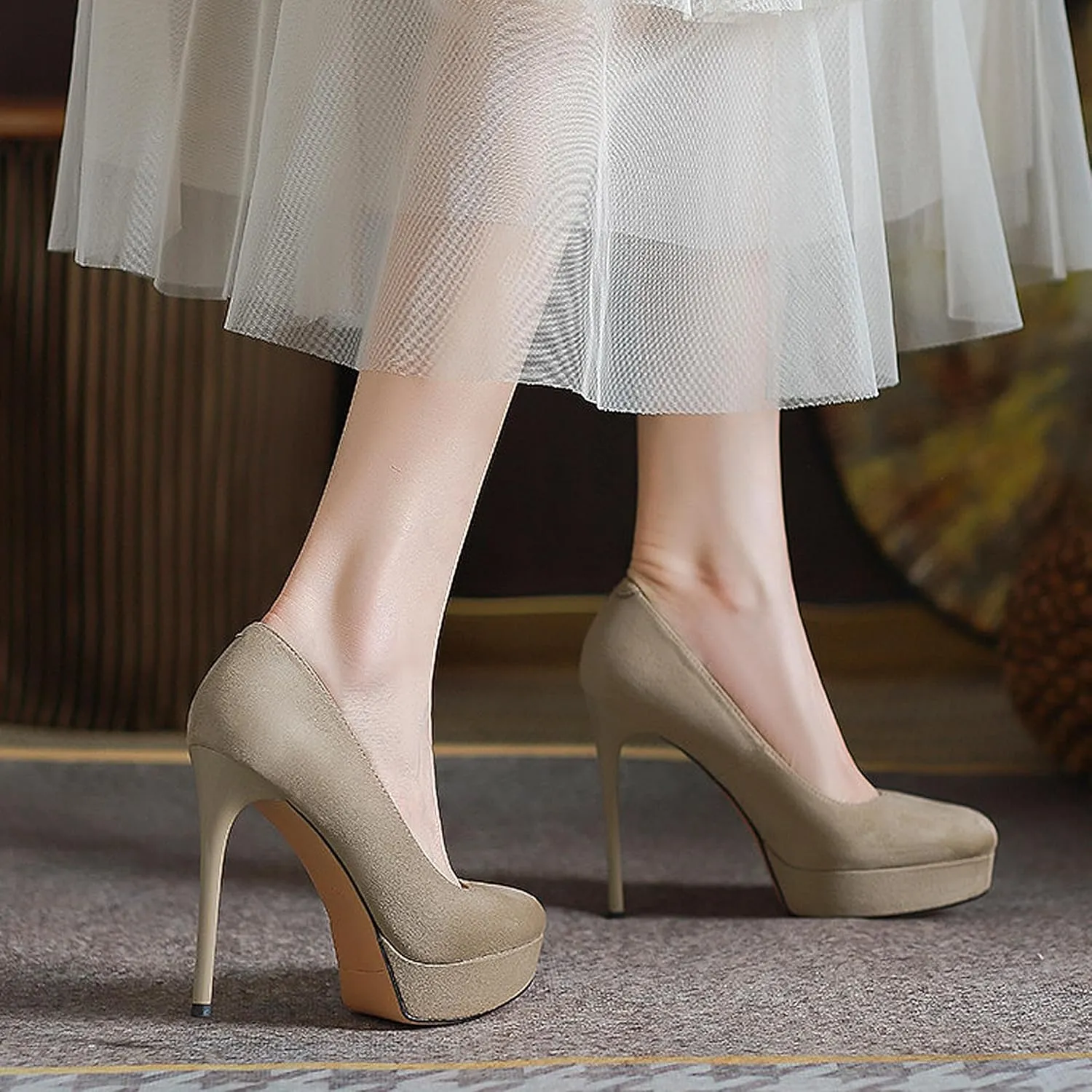 Womens High Heel Platform Pumps Round Toe Sky Stilettoes Waterproof Suede Closed Pointed 4.72" Party Dress Summer Sandals Shoes Office Wedding